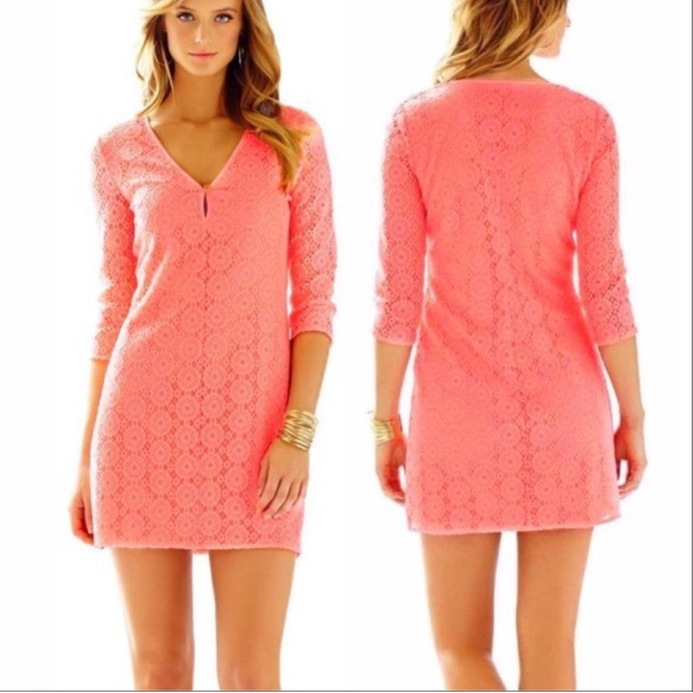 Lilly Pulitzer Lamora Lace Crochet Dress.‎ Vibrant Coral Lace Dress. Size XS